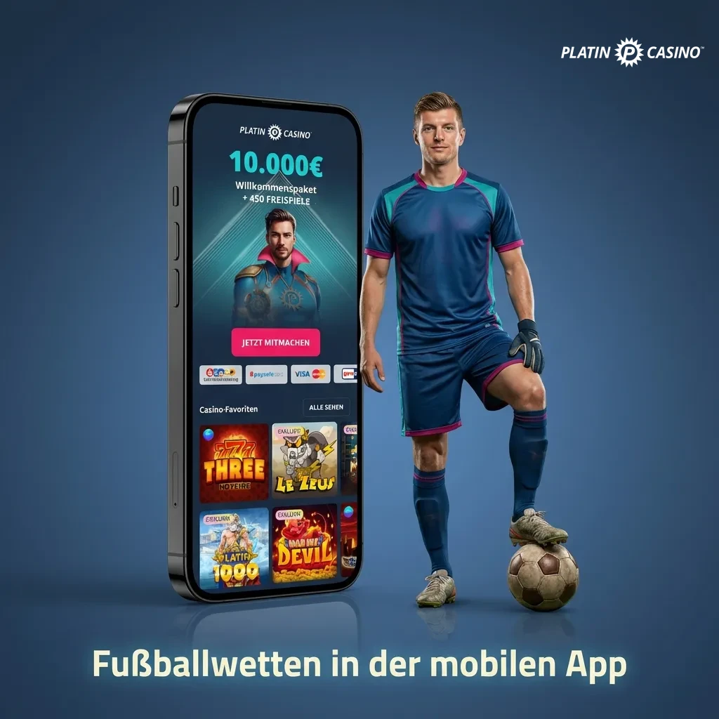 Smartphone displaying Platin Casino mobile app with football betting options and match odds on screen