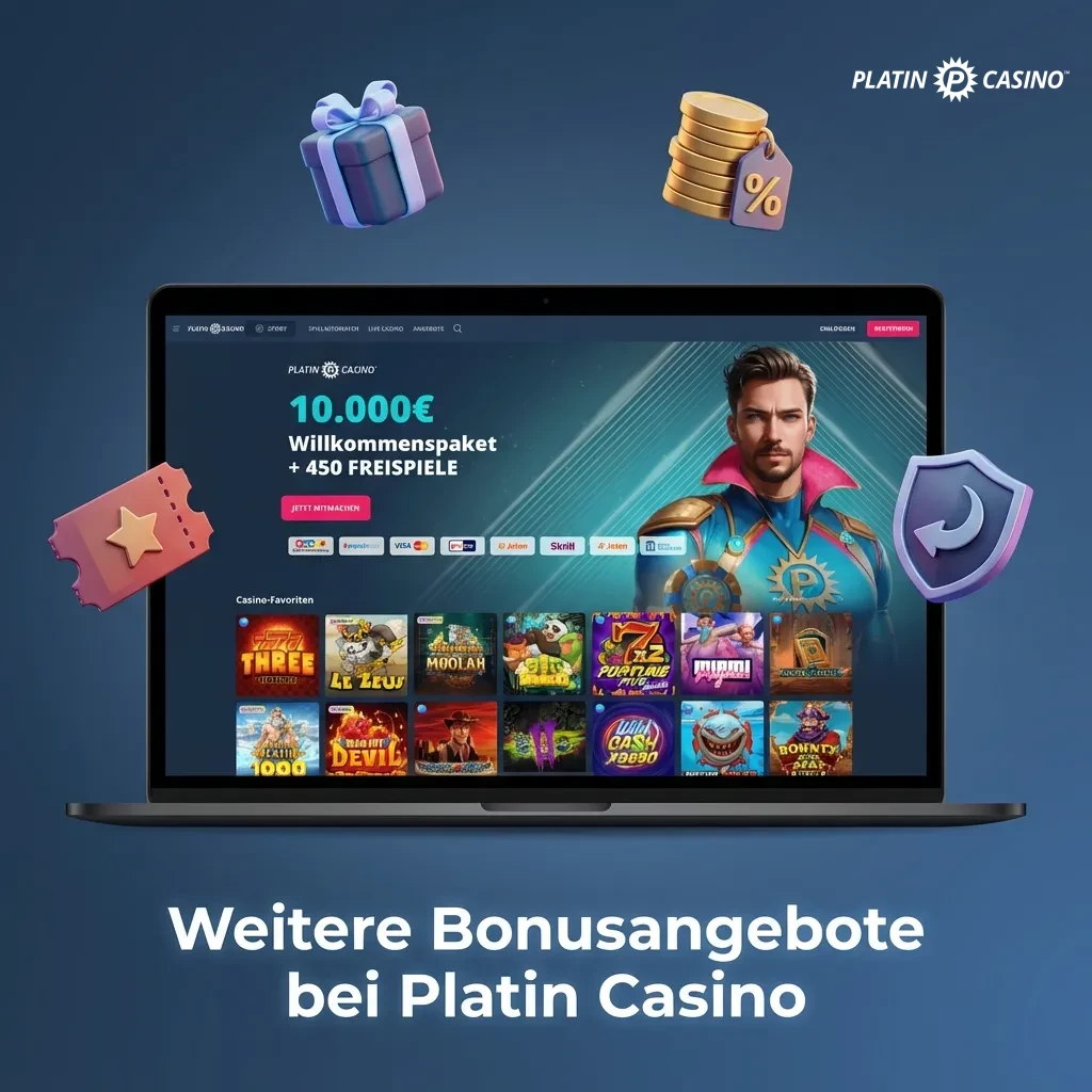 Platin Casino bonus offers including reload bonuses, cashback, free spins, VIP program, tournaments, and referral rewards