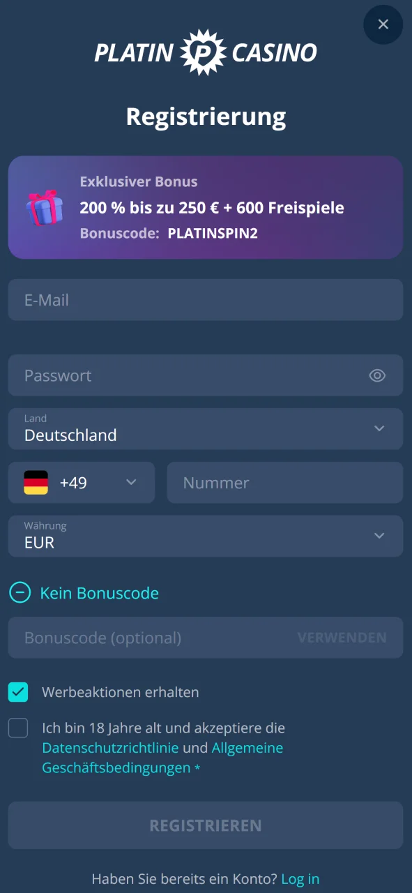 Komfortables Anmeldeformular in der Platin Casino Mobile App.