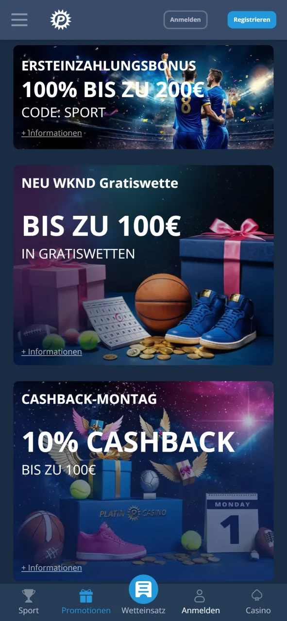 Im Bonusbereich der Platin Casino Mobile-App finden Sie alle Top-Boni.