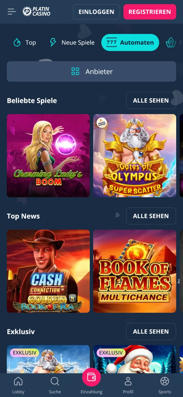 Der benutzerfreundliche Casino-Bereich von Platin Casino bietet Ihnen Zugang zu den besten Spielen.