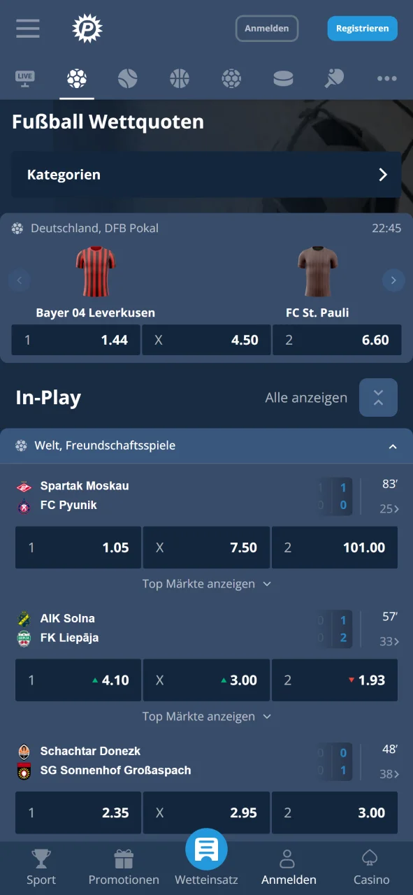 Im Sportbereich der Platin Casino Mobile-App können Sie bequem Wetten platzieren.
