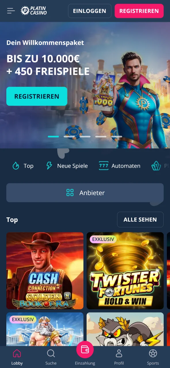 Die benutzerfreundliche Oberfläche hilft Ihnen dabei, schnell alles zu finden, was Sie in der Platin Casino App benötigen.