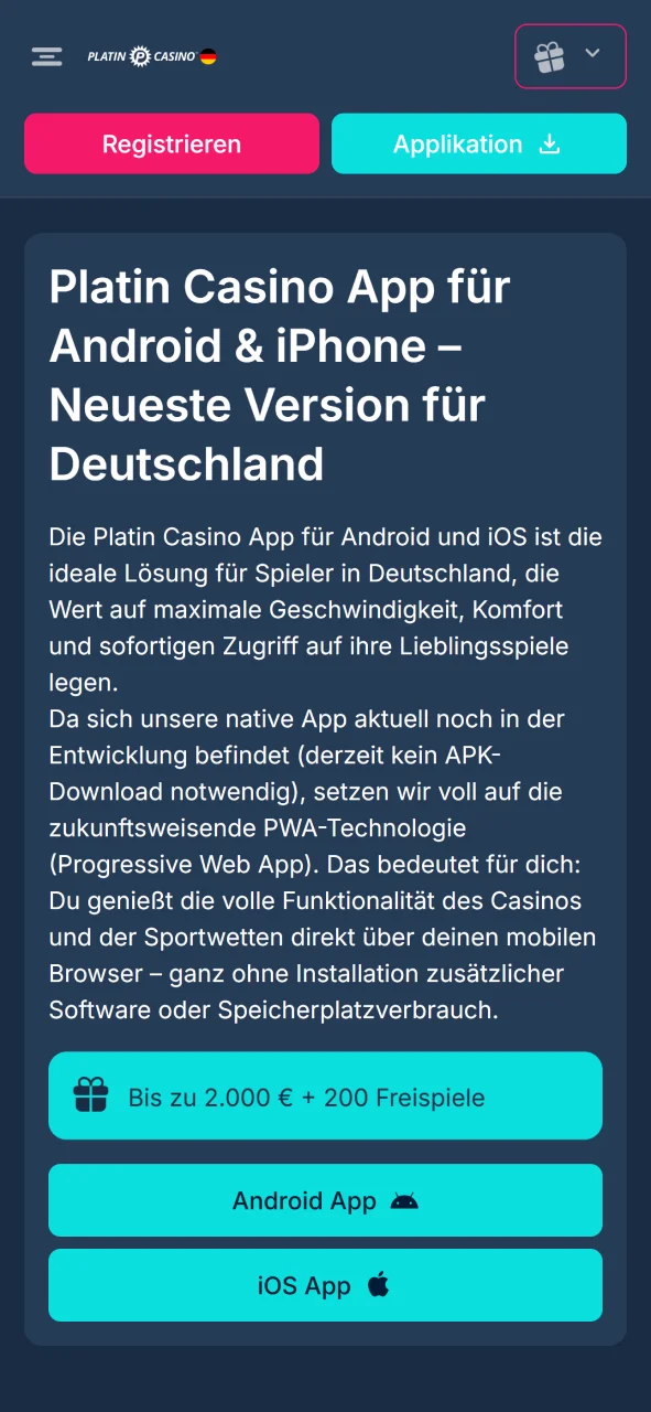 Klicken Sie auf die Schaltfläche und starten Sie den Download der Platin Casino APK auf Ihr Android-Gerät.