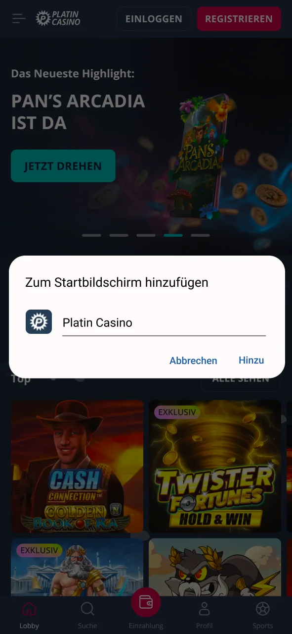 Wählen Sie Auf Startbildschirm teilen und laden Sie die Platin Casino APK auf Ihr Android-Gerät herunter.