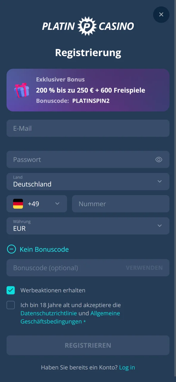 Registrieren Sie Ihr Konto und nutzen Sie die Platin Casino App auf iOS.