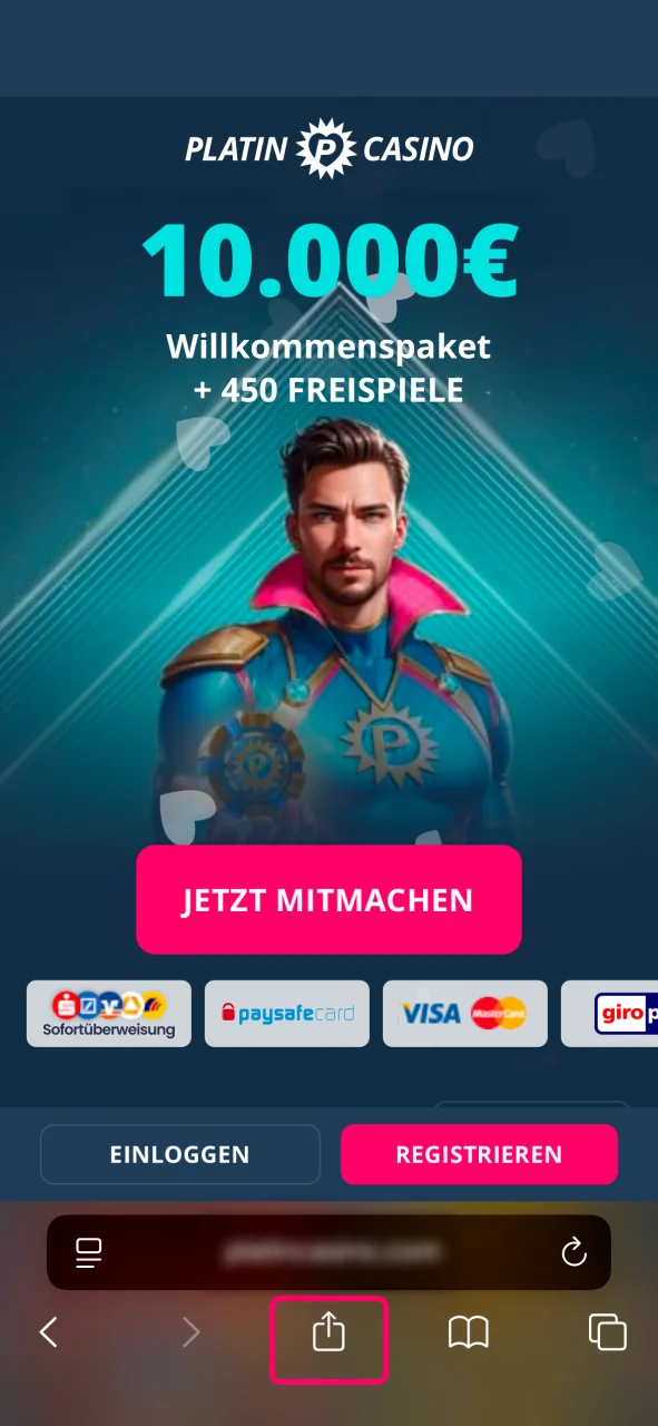 Klicken Sie im Menü auf Teilen, um Platin Casino auf iOS zu installieren.