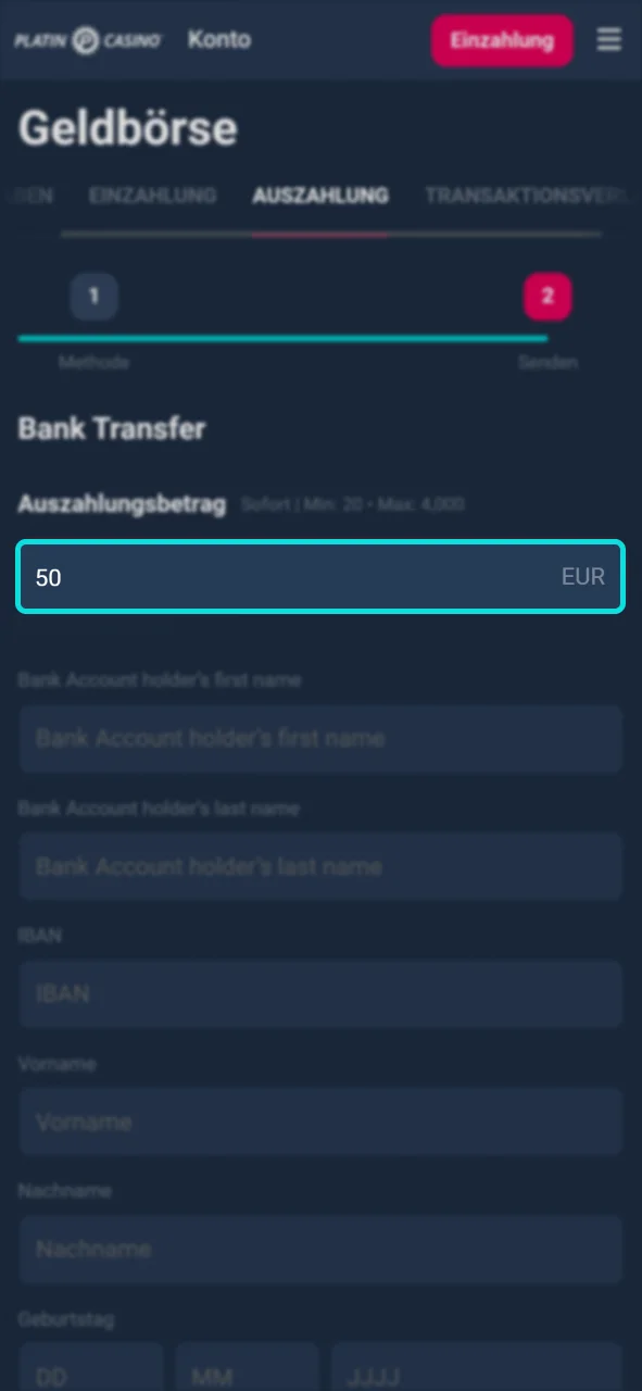 Geben Sie den Betrag ein, den Sie von Ihrem Platin Casino-Spielkonto abheben möchten.