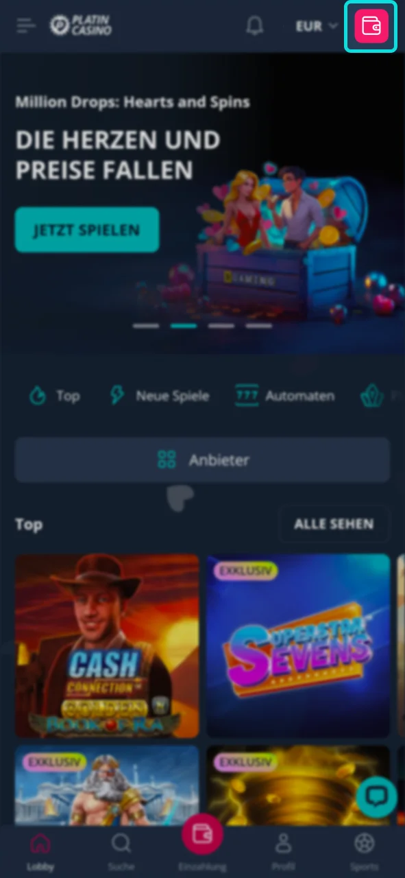 Wählen Sie die Option Kasse auf der Platin Casino-Website.