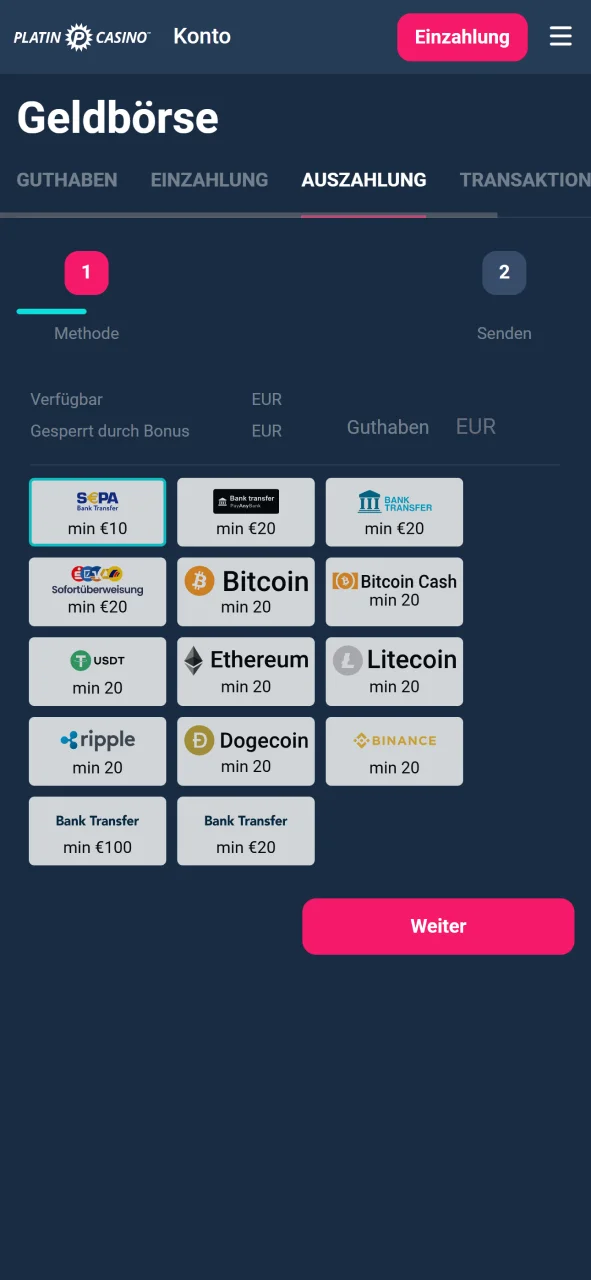 Wählen Sie im Platin Casino eine für Sie passende Zahlungsmethode und beachten Sie die Limits.
