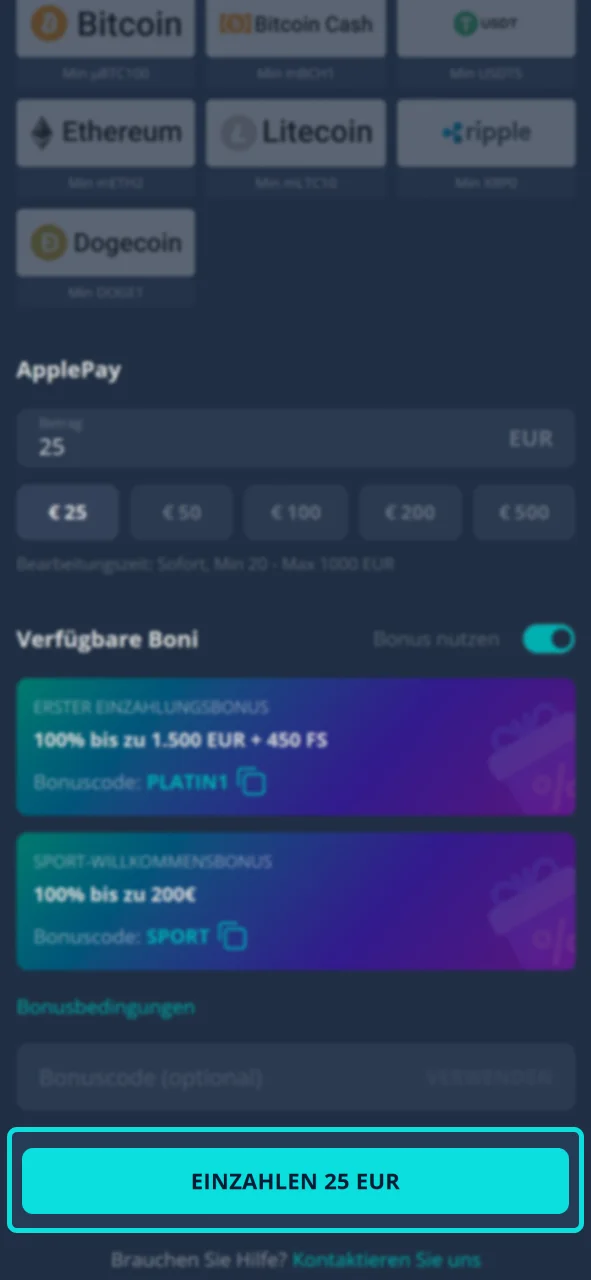 Bestätigen Sie Ihre Zahlung und aktivieren Sie Ihren Bonus im Platin Casino.