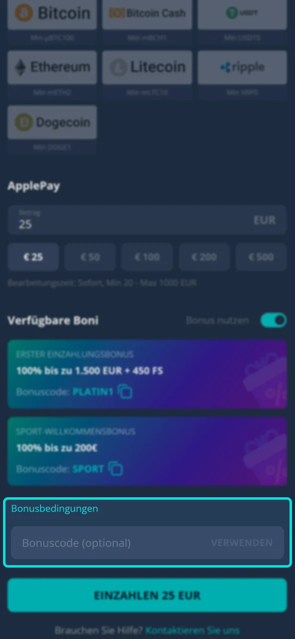 Geben Sie den Aktionscode bei der Aufladung Ihres Platin Casino-Kontos ein.