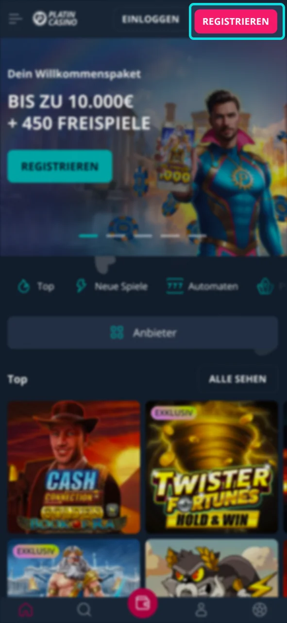 Klicken Sie auf die Schaltfläche Registrieren und erstellen Sie Ihr Spielerkonto auf der Platin Casino-Website.