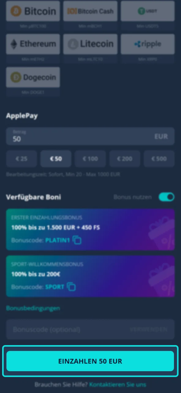 Bestätigen Sie Ihre Einzahlung im Platin Casino und schließen Sie die Transaktion ab.