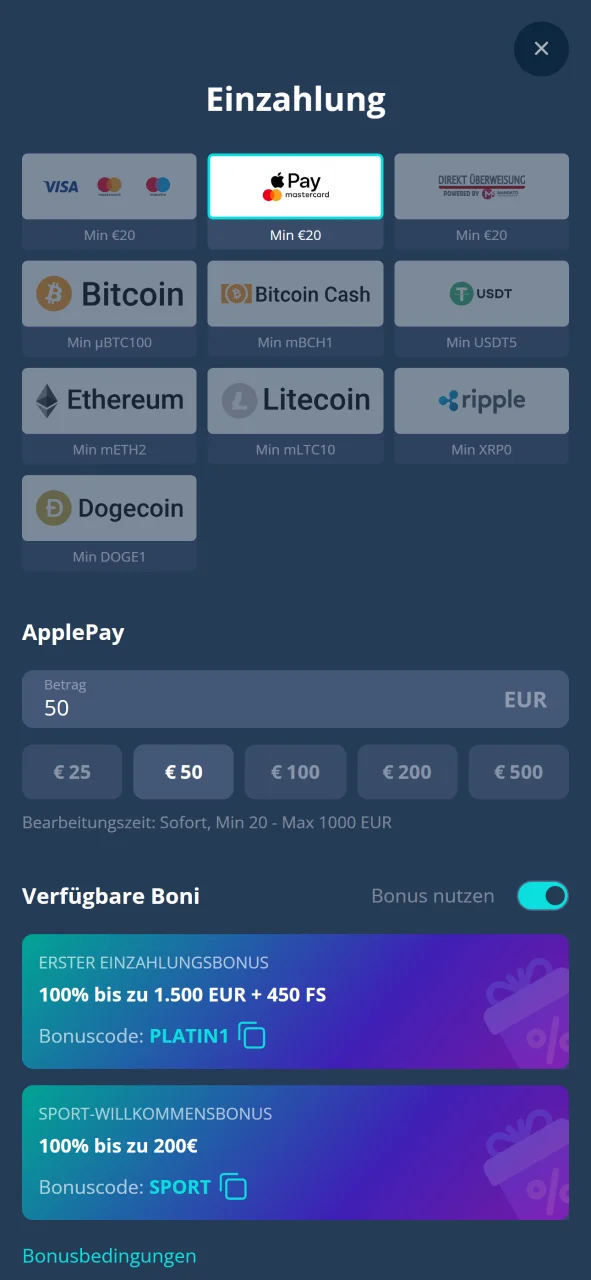 Wählen Sie Ihre bevorzugte Zahlungsmethode aus den im Platin Casino verfügbaren Optionen.