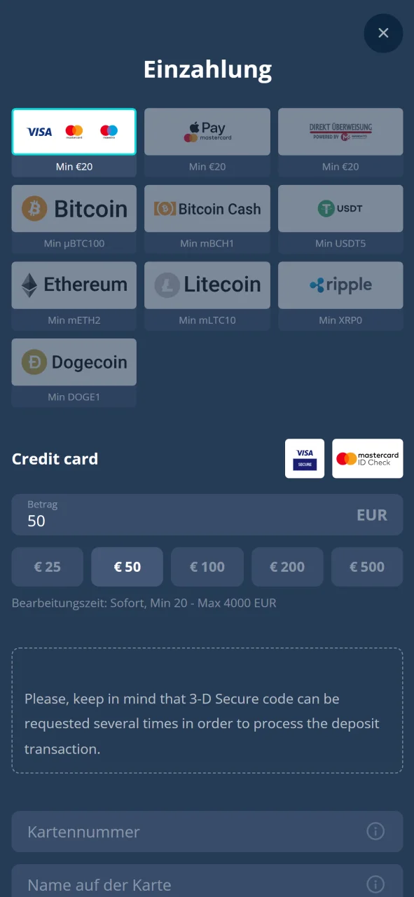 Wählen Sie auf der Platin Casino-Website die Option Einzahlung, um die verfügbaren Zahlungsmethoden anzuzeigen.