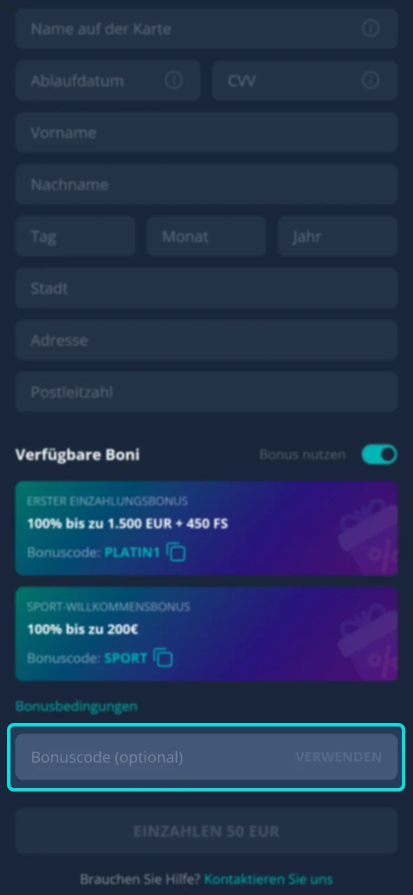Geben Sie den Aktionscode im entsprechenden Feld ein und laden Sie Ihr Platin Casino-Guthaben weiter auf.