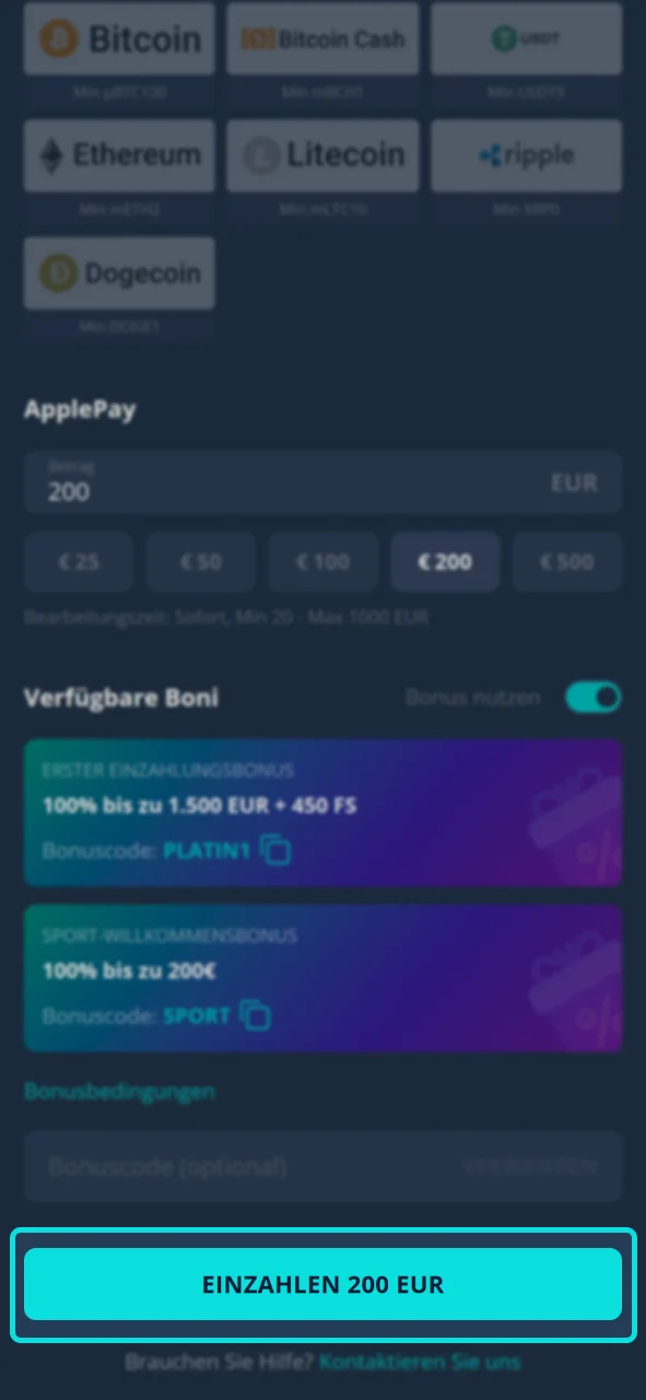 Sobald die Zahlung bestätigt ist, wird der Betrag Ihrem Platin Casino-Spielkonto gutgeschrieben.
