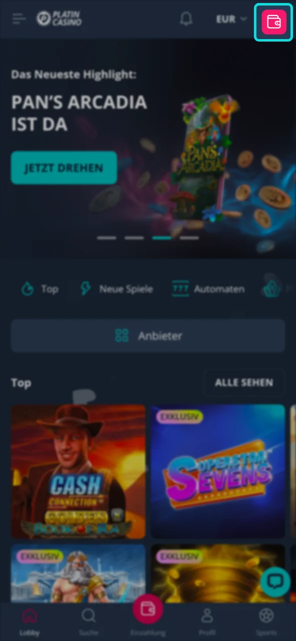 Gehen Sie zum Kassenbereich der Platin Casino-Website, um Ihr Spielerkonto aufzuladen.