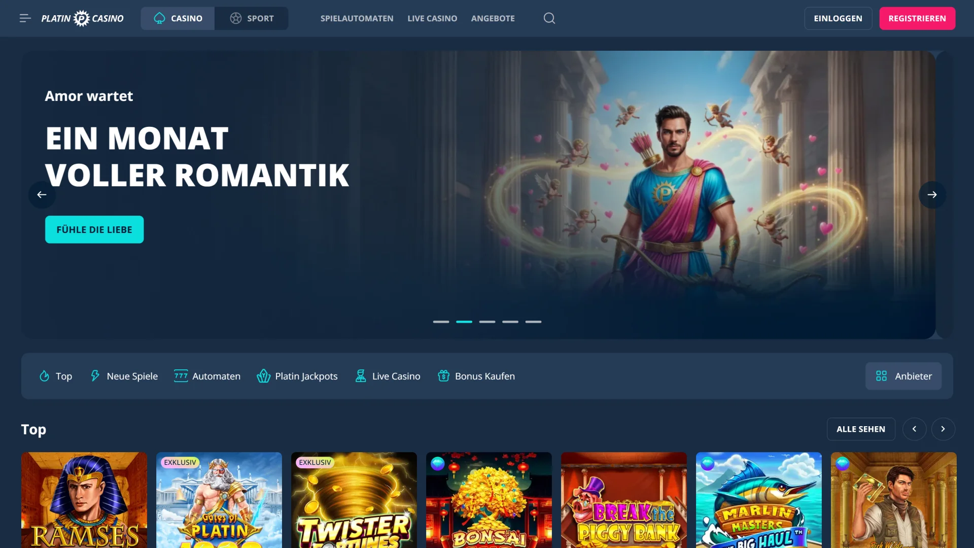 Auf der Startseite der Website finden Sie schnell Zugriff auf alle beliebten Bereiche des Platin Casino.