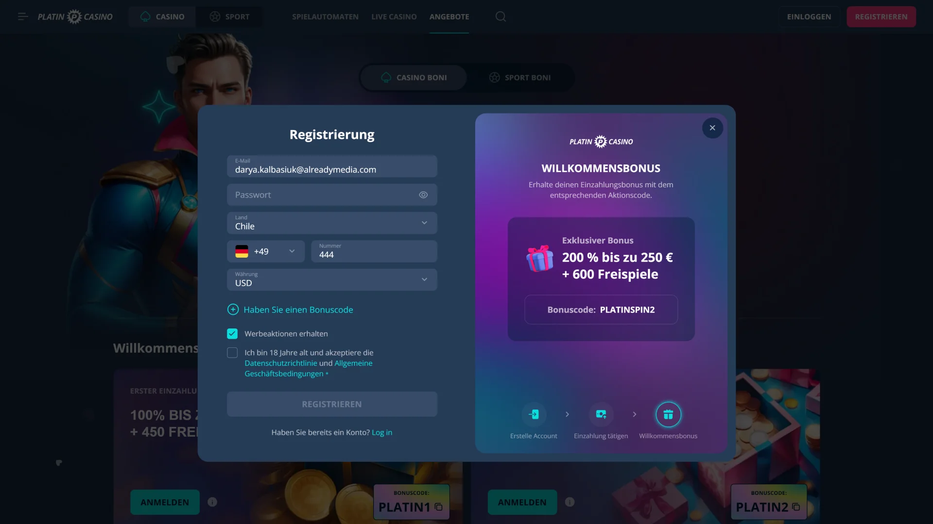 Die Registrierung im Platin Casino ist dank des einfachen Registrierungsformulars unkompliziert und bequem.