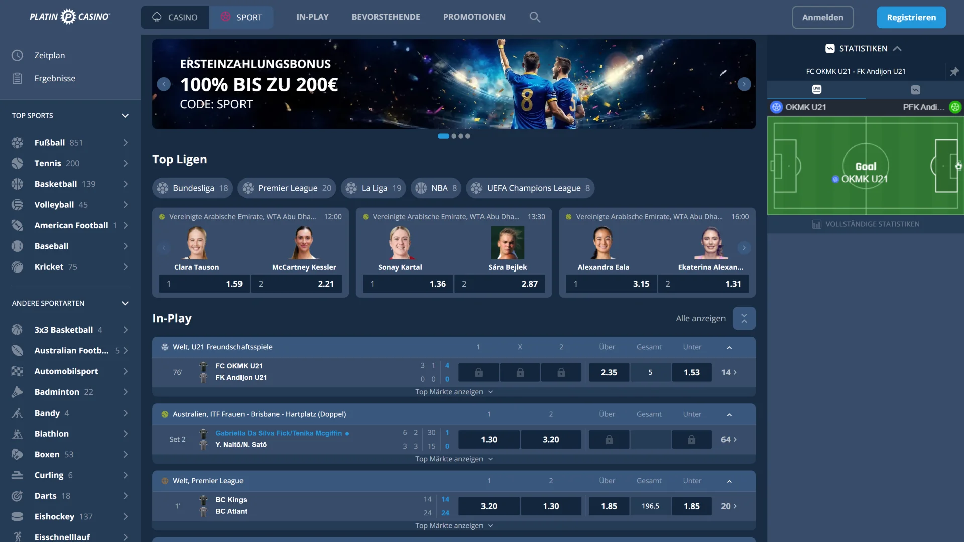 Platin Casino macht das Platzieren von Wetten dank seines benutzerfreundlichen Sportwettenbereichs sehr einfach.
